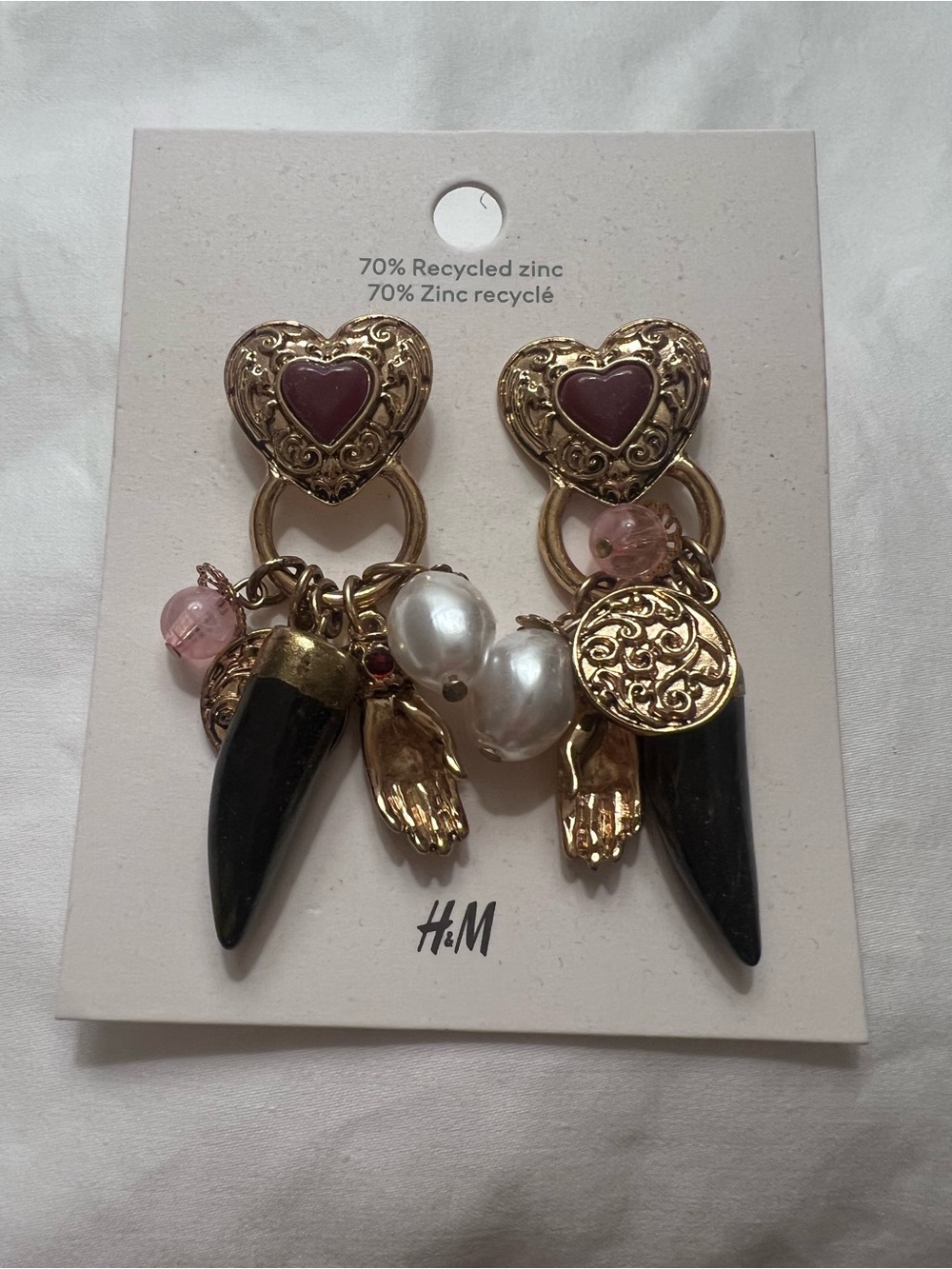 H&M Gold-Tone Heart Drop Earrings with Pink, Black, and Pearl Accents